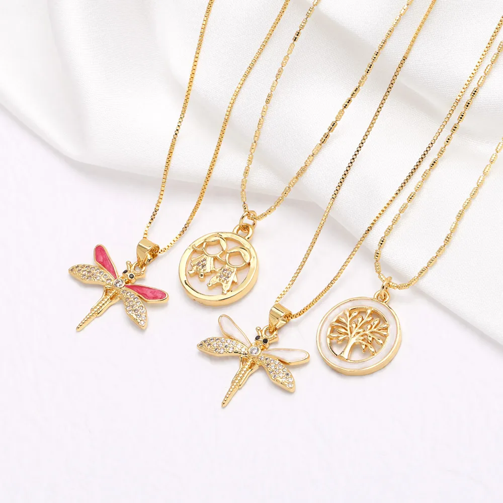 Gold Plated Tree of Life Necklaces for Women Enamel White Dragonfly Necklaces Lucky Jewelry Gifts nkeu81