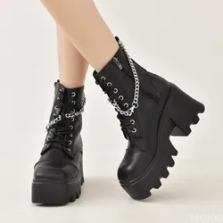 Side Zip Women Platform Shoes Black Gothic Buckle Pu Leather Woman Creeper Punk Shoes Female Black Ankle Short Boots