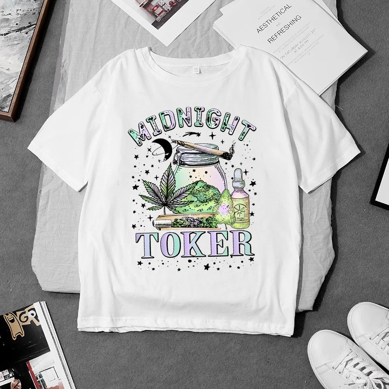 Women's Casual Cotton T-Shirt Midnight Toker Letter Printing Short Sleeve Oversize O-Neck Soft Tops Summer Female Clothes, Trend