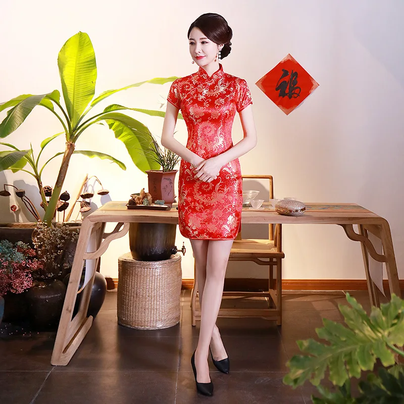 Spring/Summer New Improved Cheongsam Short Dress Brocade Vintage Pattern Slim Fit plus Size Mom Clothes