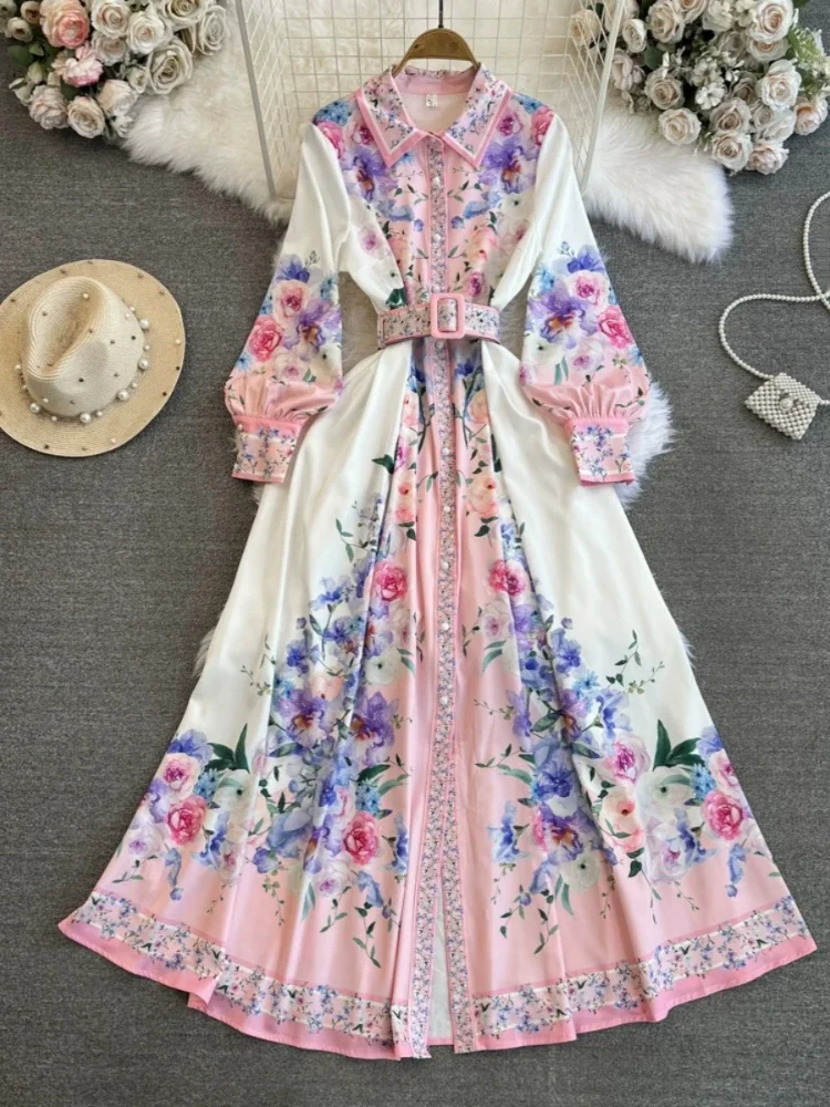 

Spring Elegant Long Dress Women Long Sleeved Lapel Single Breasted A-line Print Party Dresses Ladies Vintage Floral Long Robe