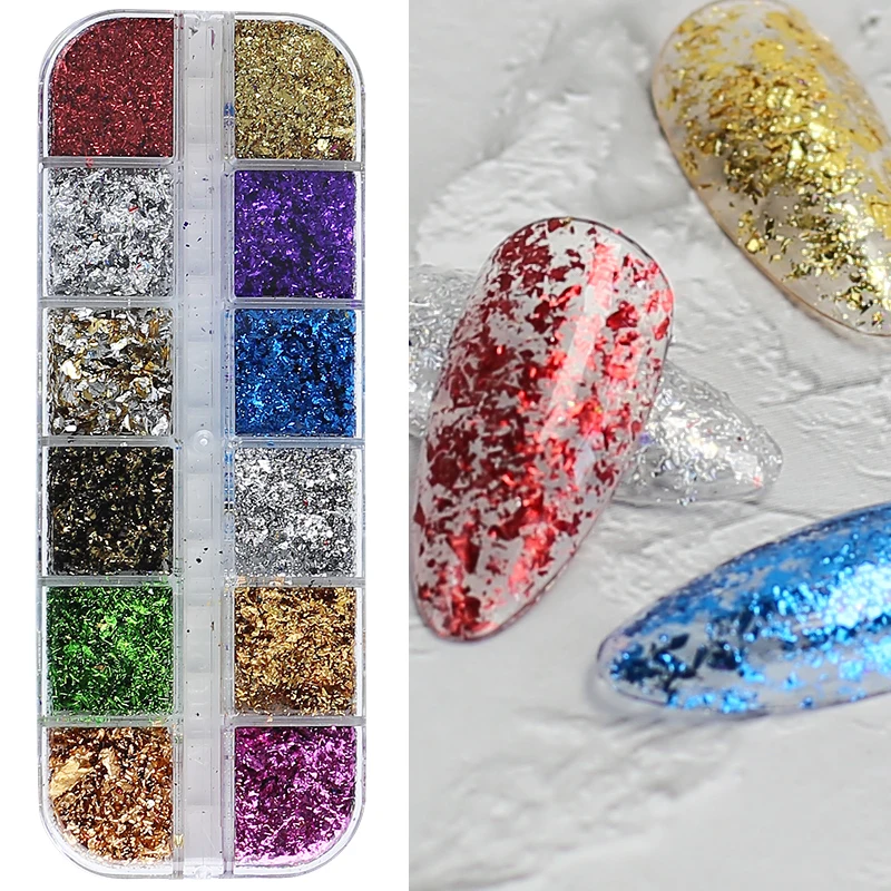12 Color Red Gold Foils Gorgeous Nails Glitter Random Aluminum Flakes Paillette Chip Nail Design Shinny Sparkles Nail Art Decor