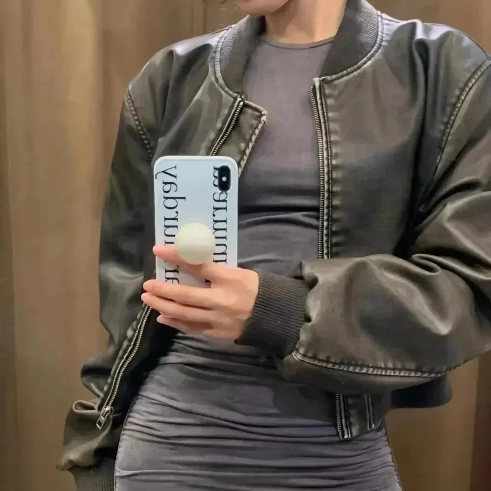 Zipper Lady Loose Coat Short Leather Washed Jacket Vintage Stand Collar Gradient Spring Women Leather Locomotive Style Chic Coat