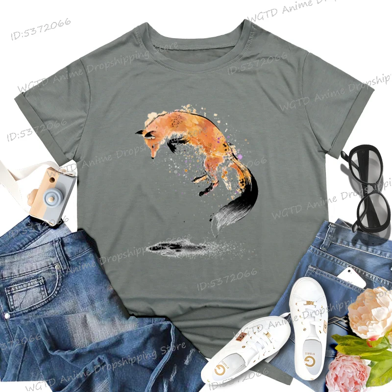 Red Fox Jumping Into Snow Graphic T Shirts Women Cute Animal Fox Harajuku Classic Tops Funny Fox Print Crew Neck Ladies Clothes