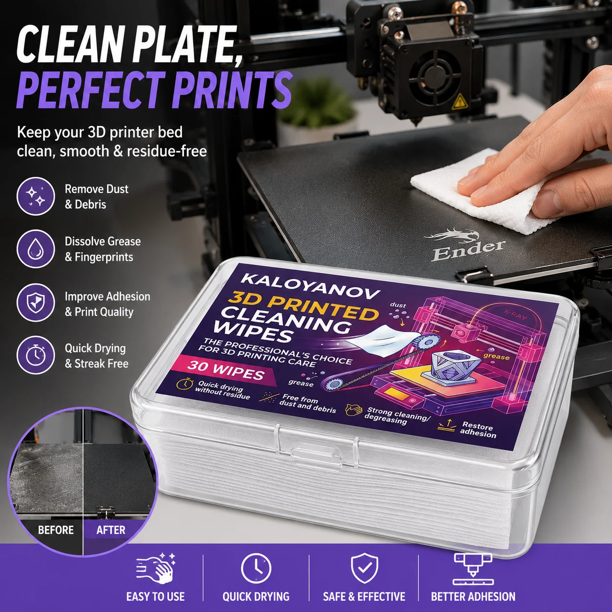 

KALOYANOV 30-Count 3D Printer Bed Cleaning Wipes, Degreasing Build Plate Wipes To Restore Adhesion for Glass PEI Sheet