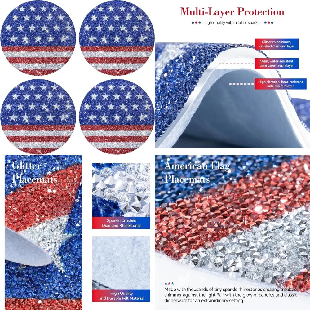 

Patriotic American Decorations: 4-Piece Glitter Rhinestone Placemats Set, Crushed Diamond Table Mats, 15 Inch (Red and Silver)