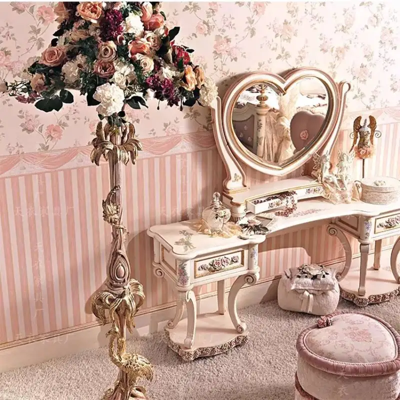 a*-Pink Luxury Makeup Vanity Desk European Wooden Corner Cheap Makeup Vanity Desk Mirror Drawer Komody Master Bedroom Furniture