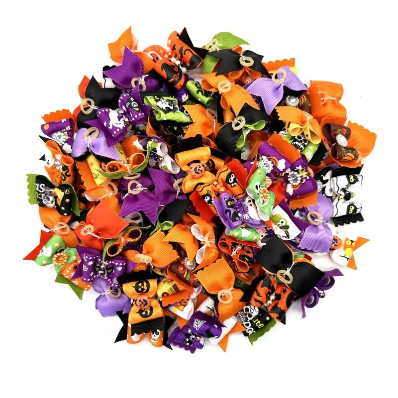 50/100pcs Puppy Hair Accessories Halloween Decorate Pet Dog Hair Bows Dog Bows with Rubber Bands Festival for Small Dog