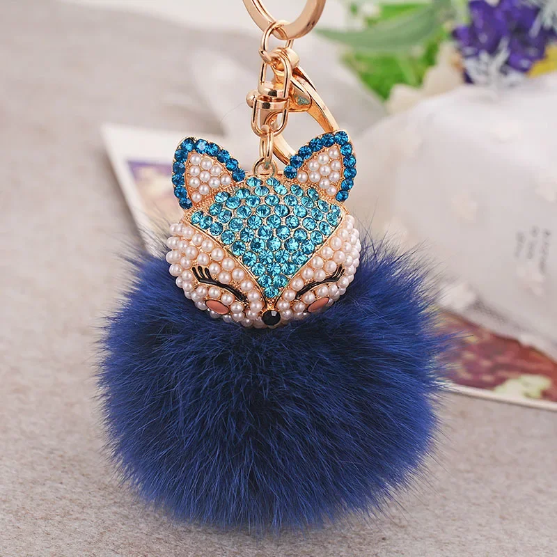 Dalaful Novelty Lovely Fox Rabbit Fur Ball Fluffy Key Chains Rings Crystal Hotsale Bag Pendant Keyrings KeyChains For Women K283