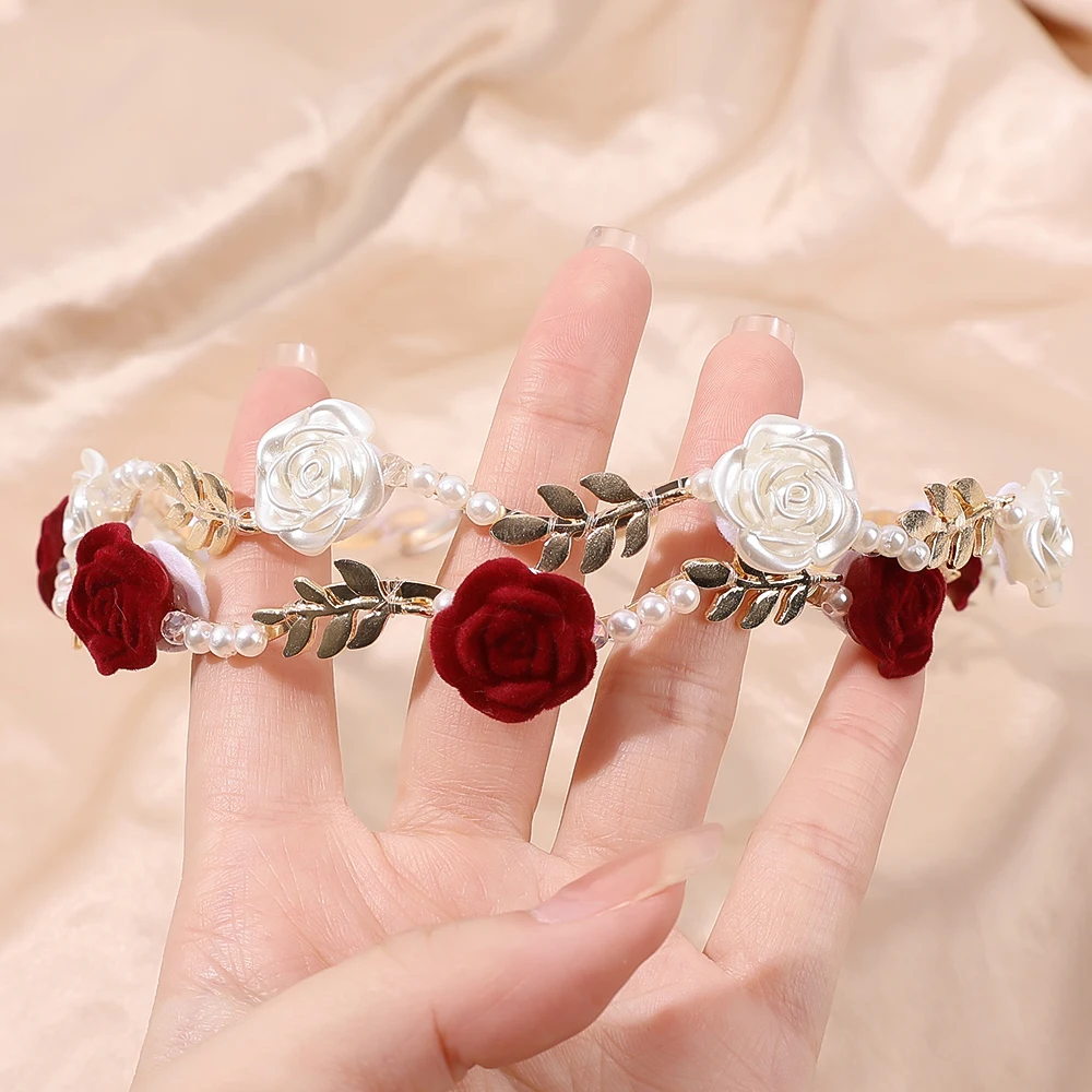 Vintage Hair Band Rose Pearl Headband Women Hairhands Sweet Bride Head Hoop Hair Clip Jewelry Elegant Wedding Hair Accessories