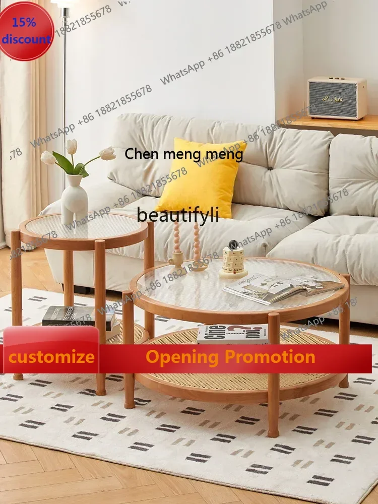 

ss7304 Solid Wood Rattan Changhong Glass Tea Table Living Room Home Table Modern Black round Side Table