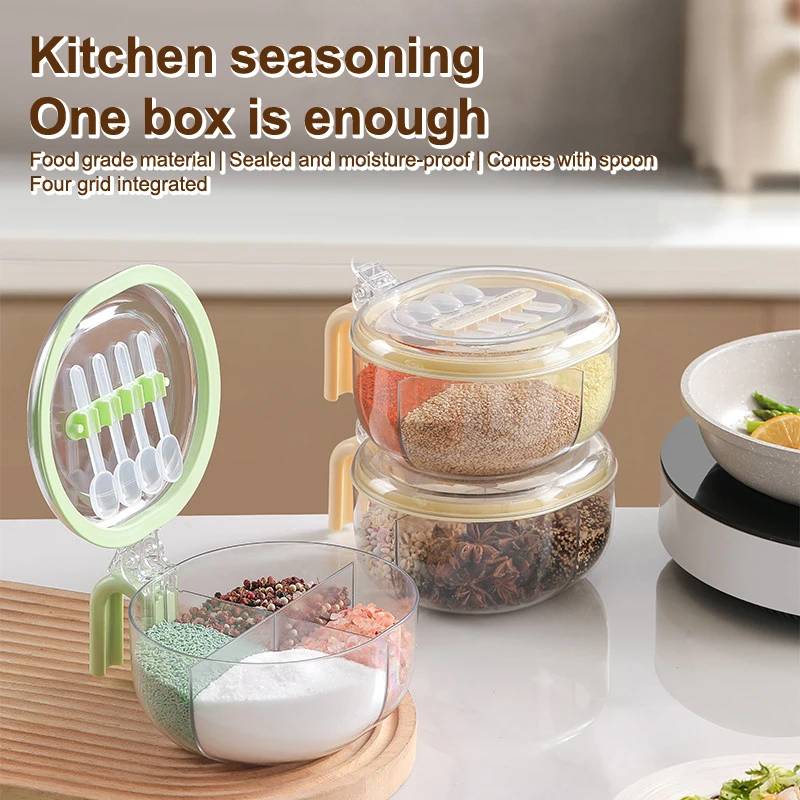 4 Grids Salt Pepper Seasoning Box Transparent Lid Spice Jar Chili Powder Sugar Bowl Condiments Storage Container Kitchen Gadgets