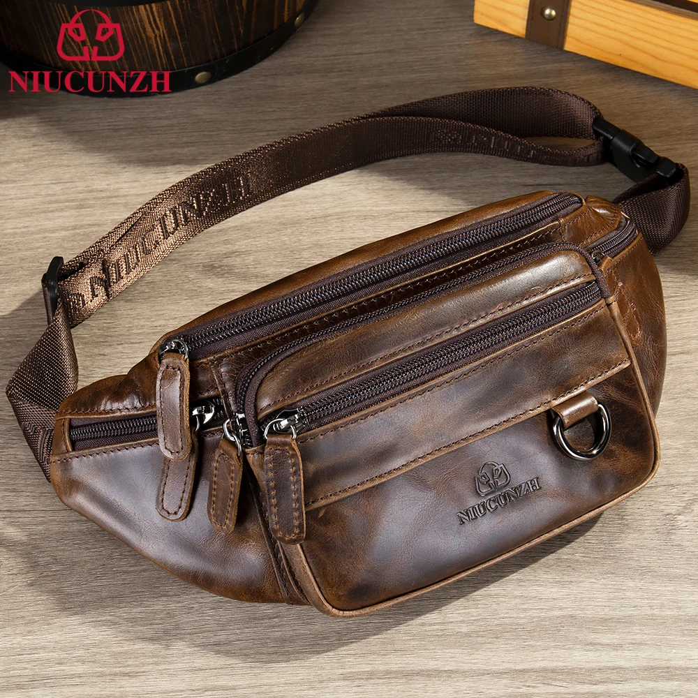 

NIUCUNZH Leather Waist Bag Men Shoulder Chest Bags Motorcycle Fanny Pack Husband Phone Pouch Sports Belt Tactical Bags Hip Sack