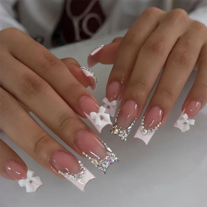 

24Pcs Mid-length Square Head French False Nails with 3D Bow Rhinestone Design Full Cover Fake Nails Reusable Press on Nails Tips