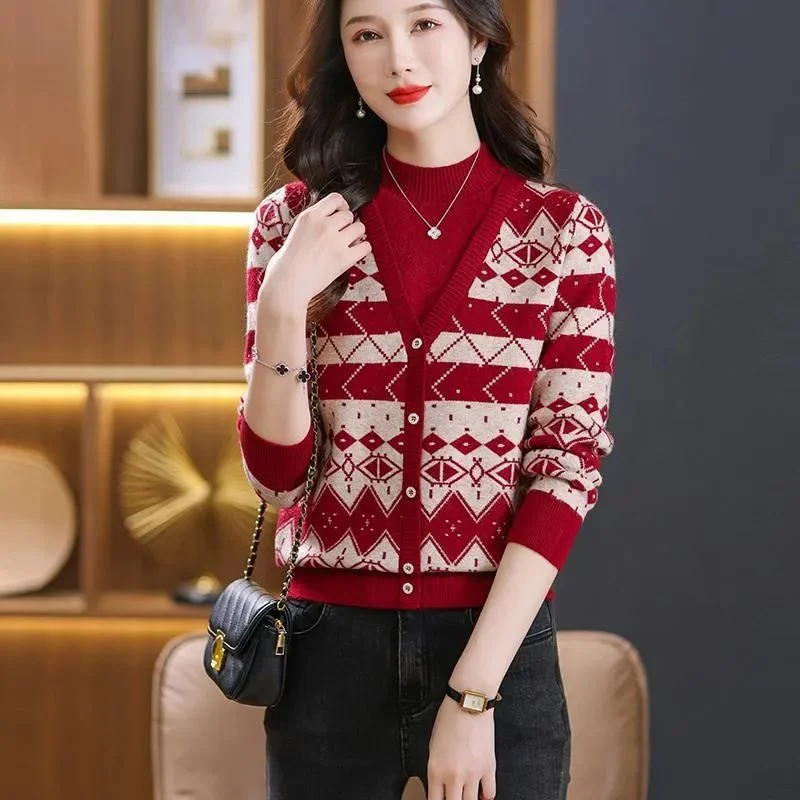 Spring Autumn Fake Two Pieces Casual Sweater 2024 New Loose Women's Clothes Pullover TOP Fashion Jacquard Weave Knitwear Female