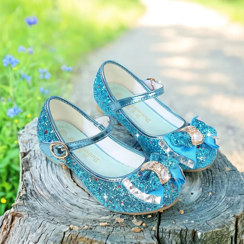 ULKNN Princess Kids Leather Shoes For Girls Flower Casual Glitter Children High Heel Girls Shoes Butterfly Knot Blue Pink Silver