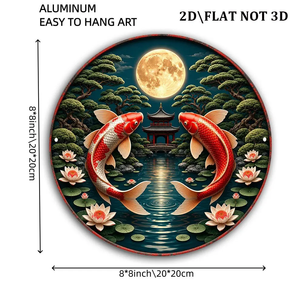 2D Flat Metal Sign Koi Pond Moon Night Japanese Garden Vintage Decor Plaque For Living Room Study Tea Room Gift view 3