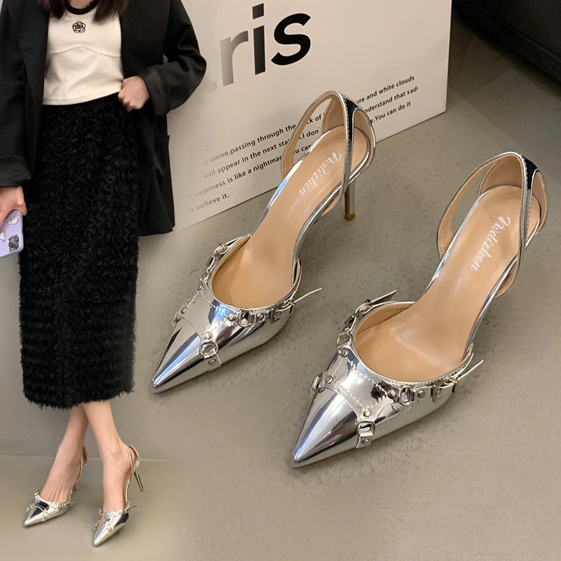 

2024 Summer Pointed Toe Nude Pumps for Women High Heel Shoes Female Fashion Patent Leather Sexy Thin Heel Closed-toe Sandals