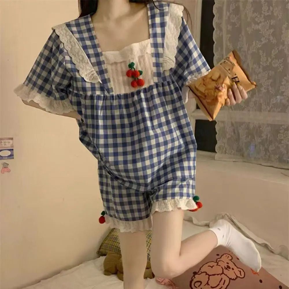 

Пижамный костюм с вишневым кружевом в полоску, шорты с короткими рукавами, камзол, ночная рубашка, женская домашняя одежда, свободные комплекты одежды для сна из двух предметов, летние комплекты