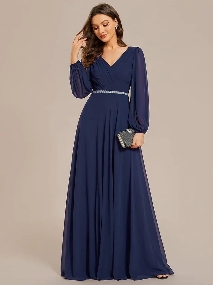 Elegant waisted Pleated Double V-Neck Long Sleeves Shiny Belt Chiffon guest dress Evening Dress Perfect for weddings or cocktail