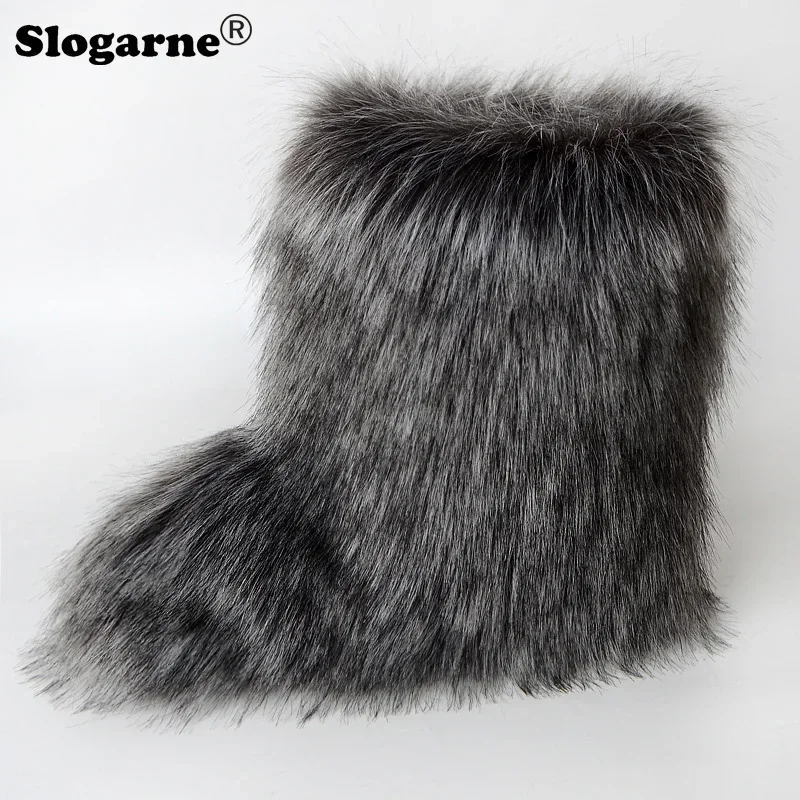 2024 New Winter Faux Fur Boots Women Warm Fluffy Snow Boots Luxury Footwear Female Furry Fox Fur Bottes Fashion Winter Shoes