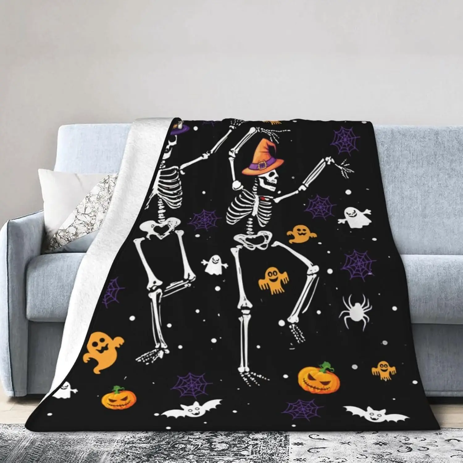 

Halloween Skull Blanket Gifts for Girls Boys Gothic Skeleton Bones Fleece Flannel Autumn Ghost Pumpkin Throw Blankets Soft Light