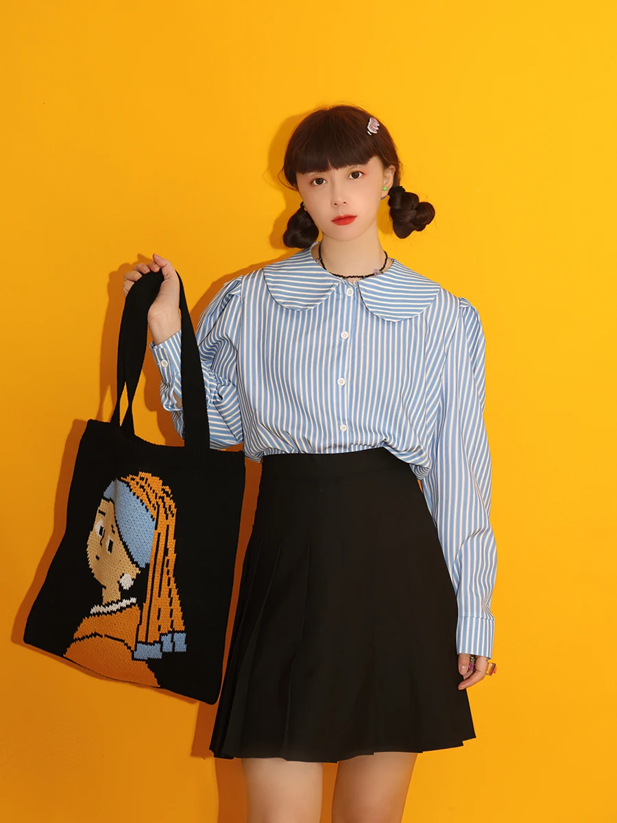 

Винтажный топ Mr. Pasture с воротником-стойкой, длинным рукавом, милый, в стиле колледж, сине-белые полоски, пышный рукав, для молодых женщин...