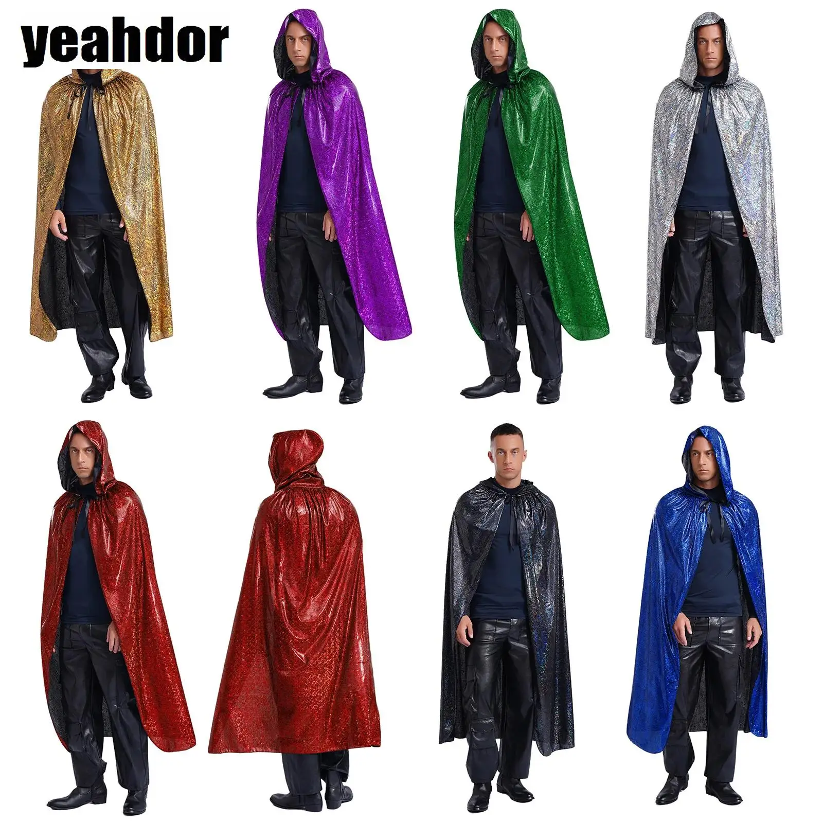 

Halloween Cloak for Men Christmas Shiny Holographic Hooded Cape Full Length Cloak Magician Witch Wizard Vampire Cosplay Costumes