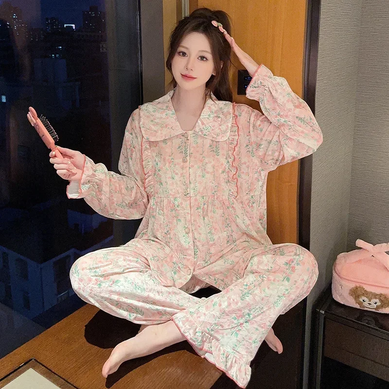 5XL плюс размер, зимние теплые пижамные комплекты, женские милые утепленные пижамы с цветочным принтом, мягкий бархатный флис, удобная домашняя одежда, комплект из двух предметов
