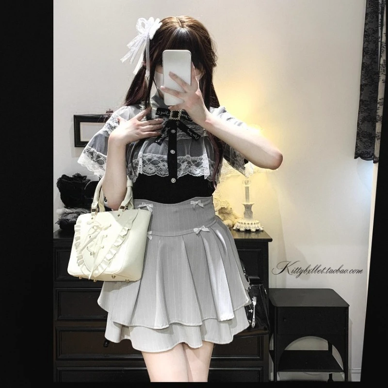 Japanese Original Rojita Single-breasted Shirt Mine Series Mass-produced Solid Color Lace Bucket Short-sleeved Blusas De Mujer