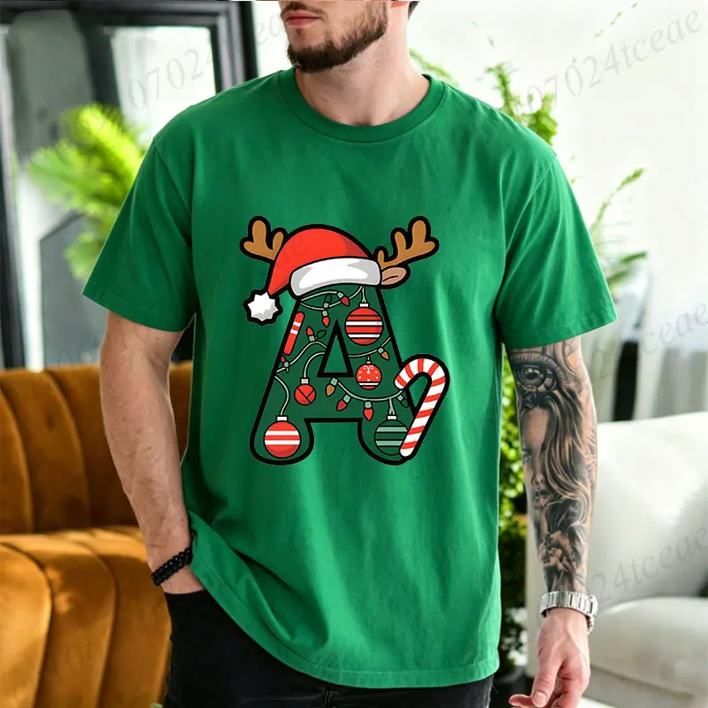Festive Christmas Alphabet Letter A~B with Santa Hat T-Shirts Personalized Initial Tee Tshirts Xmas Casual Holiday Party Tops