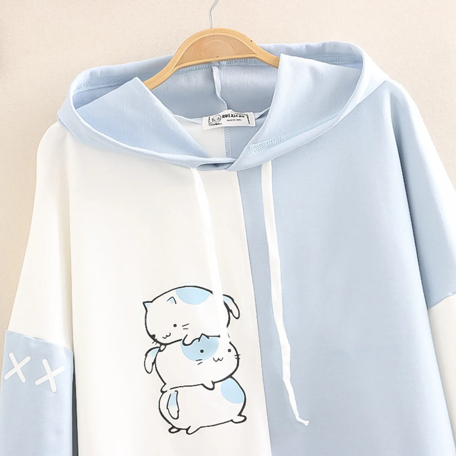 Women's Cute Wind Cartoon Hoodie Japan Akita Inu Embroidered Hoodie Solid Color Splicing Version Long-Sleeved Hoodie