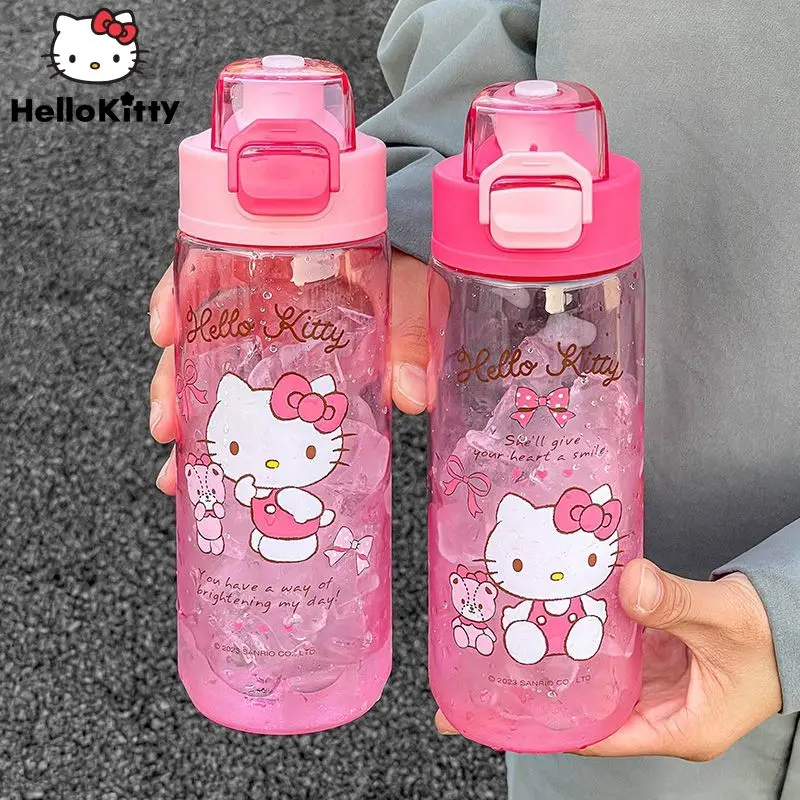 Sanrio Hello Kitty Cute Direct Drinking Water Cup Cartoon Transparent Water Bottle With Buckle Cap Outdoor Portable Drink Cups