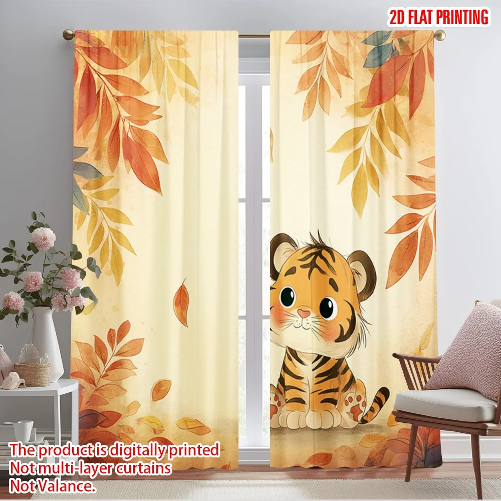 

2pcs 2D flat printing Party Curtain Autumn Tiger Cub Polyester Without Electricity Family Party Perfect for Outdoor Holiday