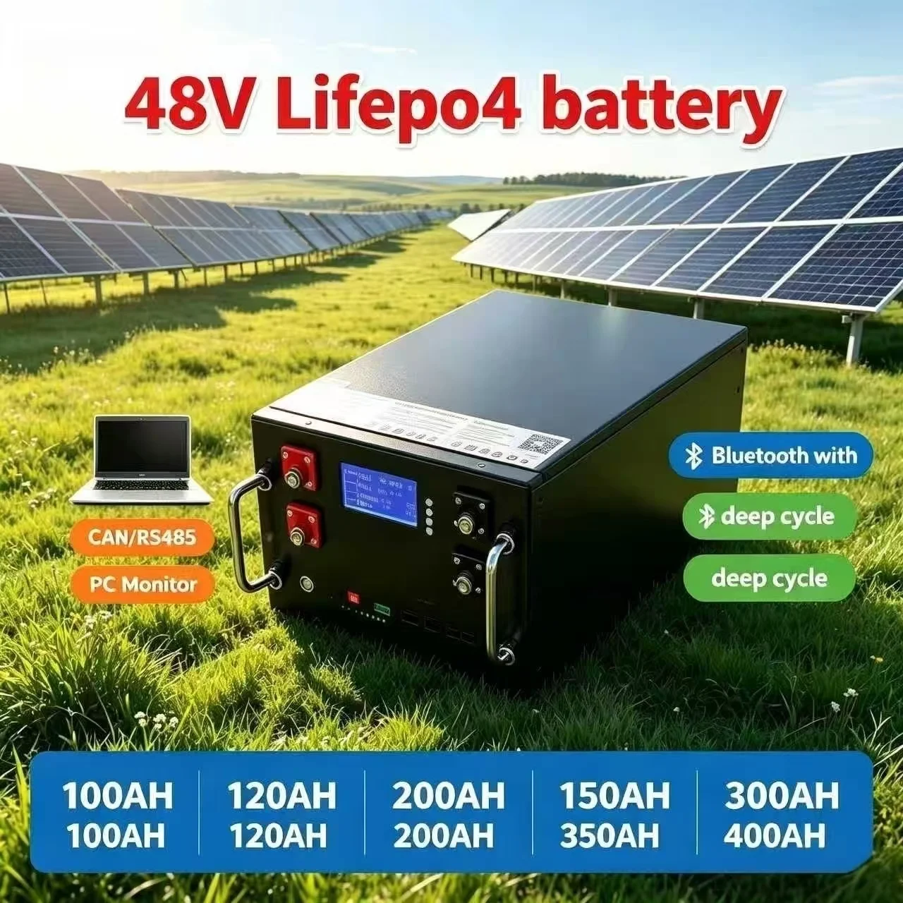 48V 100AH 120Ah 200AH 150Ah 300Ah 400AH lifepo4 lithium batterry pack bluetooth App BMS for Solar system hybrid inverter