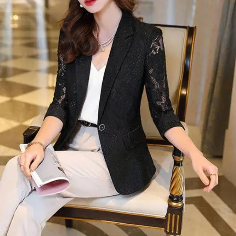 Summer 2026 Women's Thin Sunscreen Blazer Jacket Korean Fashion Hollow-Out Slim Fit Oversize 8XL Casual Suit Outerwear