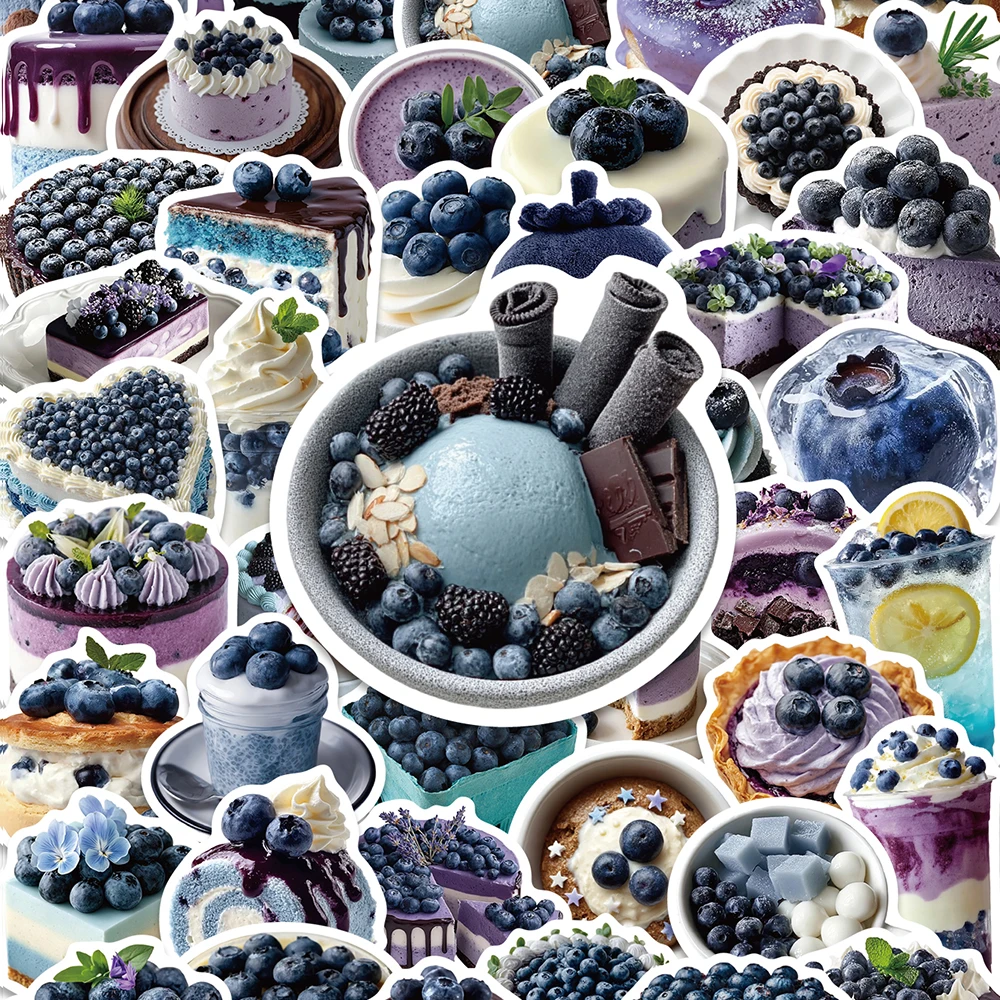 50Pcs Blueberry Theme Cute Fruit Cake PVC Stickers Waterproof Sweet Dessert Decal for Bottle Laptop Scrapbook Journal Stationery