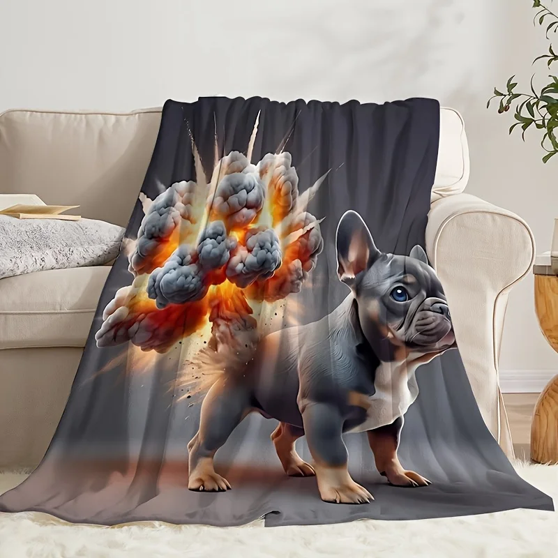 French Bulldog Explosion Flannel Throw Blanket, Cool Puppy Fire Blast Print Soft Blanket for Kids Bedroom Sofa Cozy Home Decor
