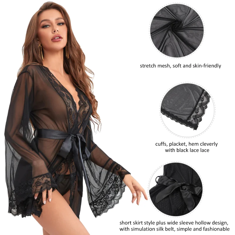 Comeondear-Vêtements de nuit en dentelle sexy, robe de mariée à manches longues, ceinture, lingerie grande taille, voir à travers la chemise de nuit, mini ensemble de pyjamas courbes, 5XL