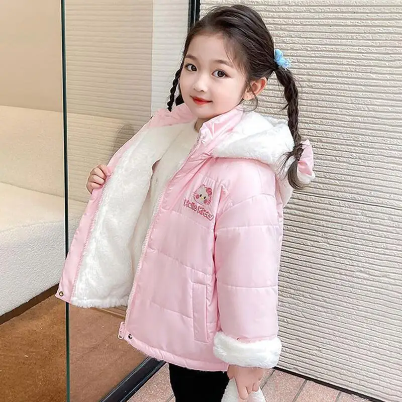

Sanrio Hello Kitty Cotton-Padded Jacket Girl Winter Coat Mid-Length Hoodie Child Kawaii Anime Cartoon Fashion Casual Clothing