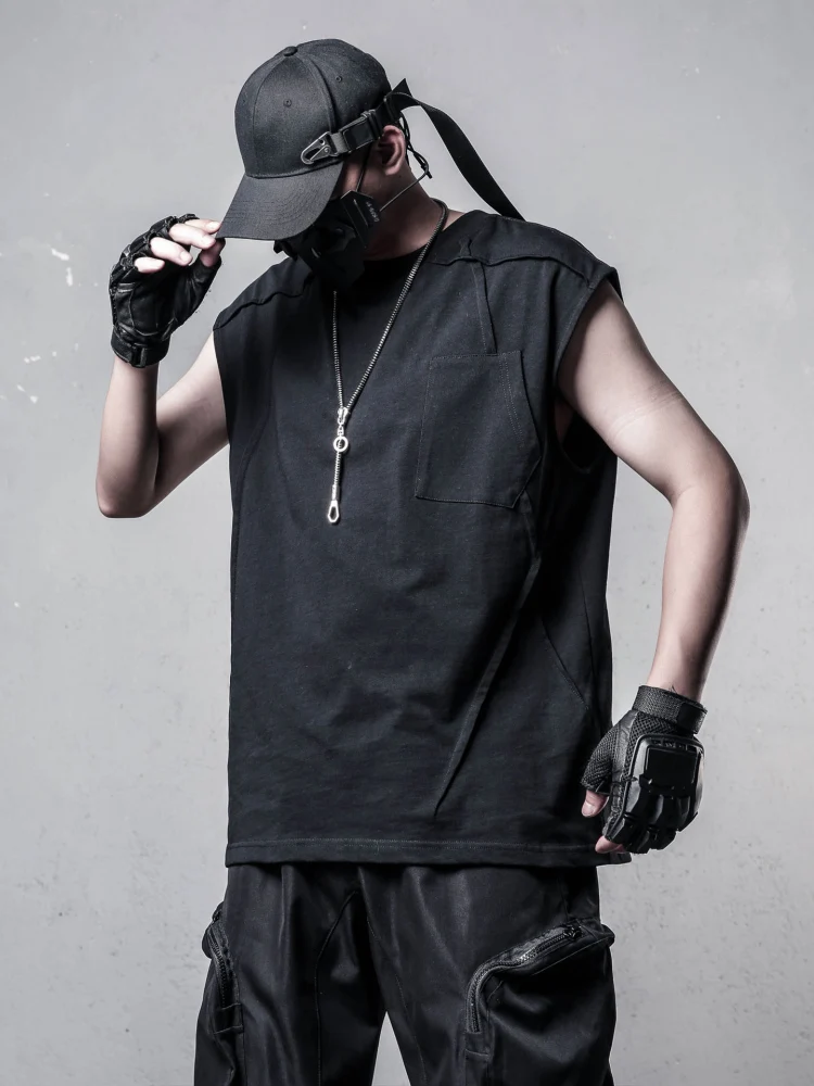 Loose Sleeveless Cotton T-Shirt Men's Summer Workwear High Street Dark Style Personality Design Breathable Sweat Absorbent Vest
