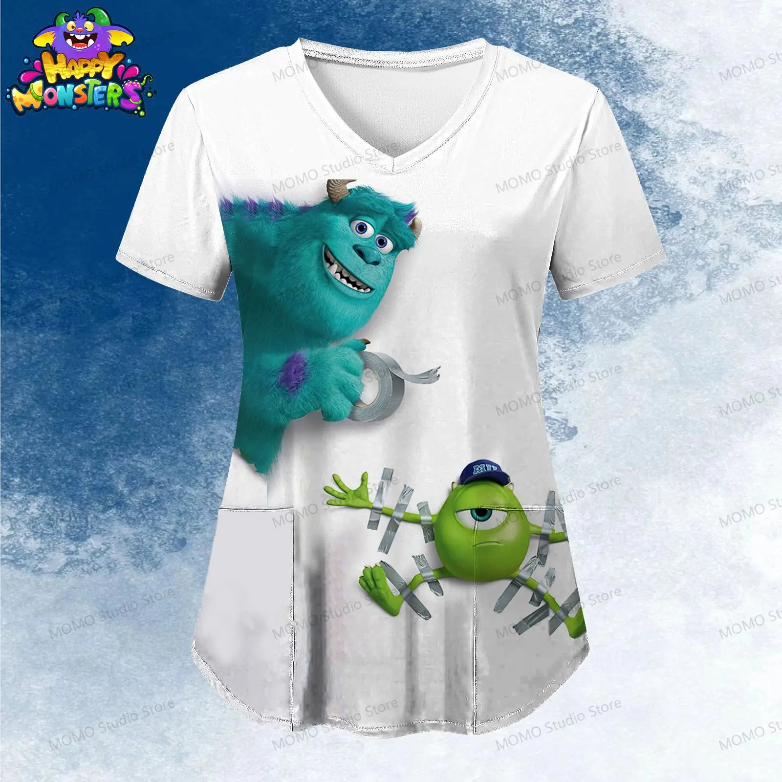 Disney Monsters Inc. Women's V Neck Nurse Uniform T-Shirt Pocket Summer Short Sleeve Leisure Street Wear 2024 Kawaii S-2XL Y2k