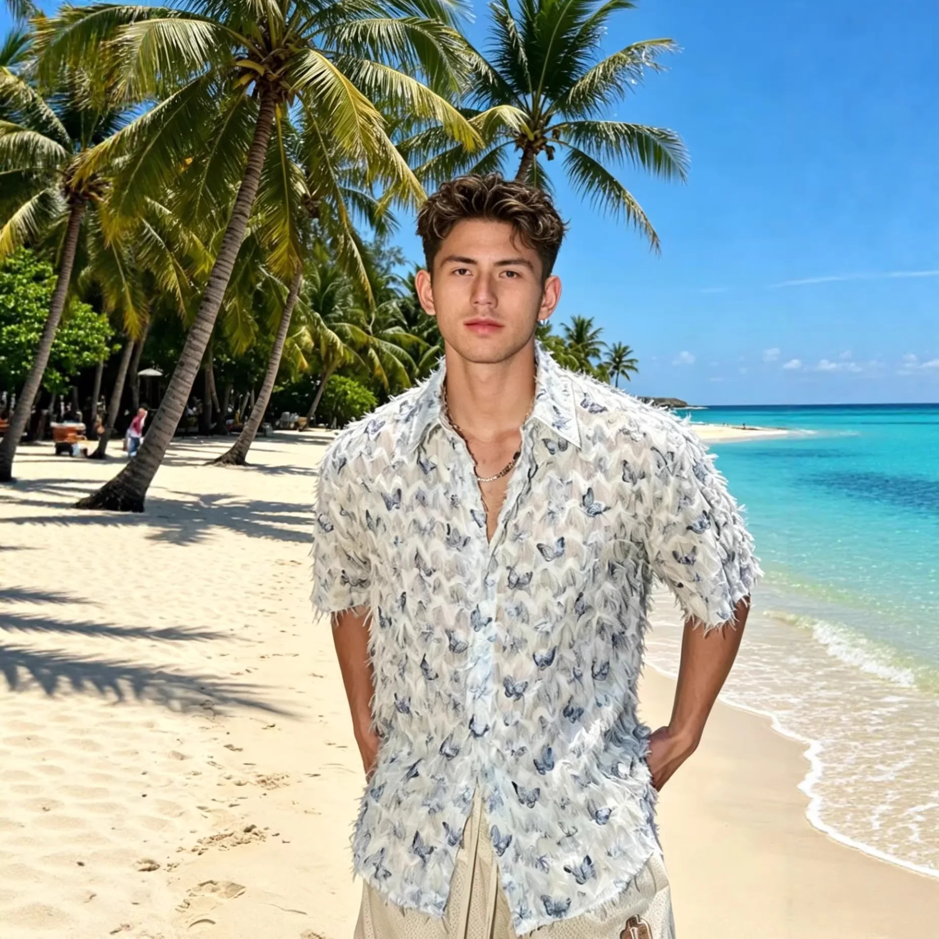 Men's Micro Transparent Butterfly Short Sleeve Shirt T-Shirt Men's Short Sleeve Seaside Vacation Top Men's Summer