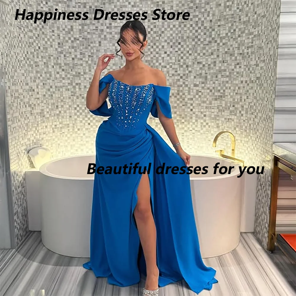 

Mermaid Prom Dresses Off The Shoulder Crystal Jersey Blue Party Gowns for Women Formal Long Thigh Slit Evening Dress Customized