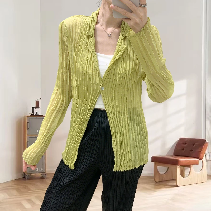 

Miyake Pleated Shirt Women Plisse Thin Long Sleeve Fold 2025 Summer Pleat Cardigan Thin Versatile Pleats Jacket Women Clothing