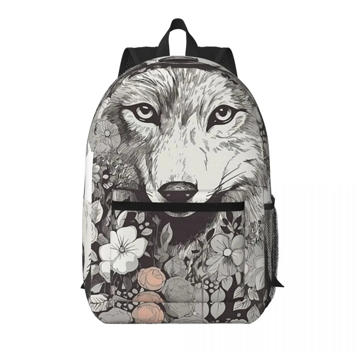 Black White Wolf Surrounded By Flowers Student Backpack School Bag Hiking Travel Daypack for Men Women Bookbag Shoulder Bags