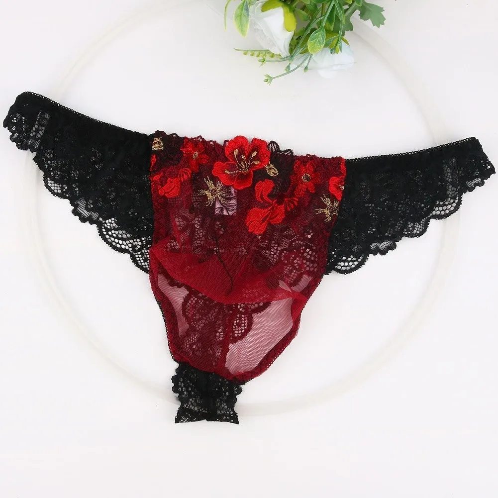 1PC Men's Mesh Floral Embroidered Lace G-String Underwear Low-waist Gay Sissy Thongs Sexy Lace Sheer Floral T-back Breathable