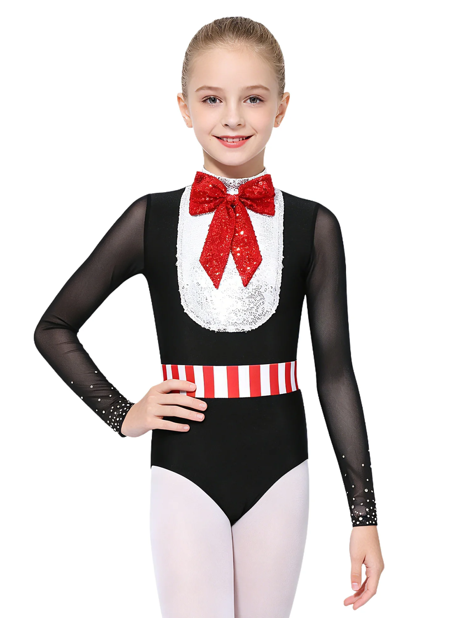 Kids Girls Mock Neck Bowknot and Sequin Bodysuit Mesh Triangle Jumpsuit for Stage Performance Cosplay Themed Party Halloween view 4