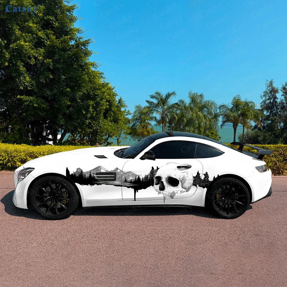 

Черно-белый череп, виниловая наклейка для горного автомобиля, самоклеящаяся наклейка из ПВХ, подходит для грузовиков, внедорожников, декор, автоаксессуары, подарок