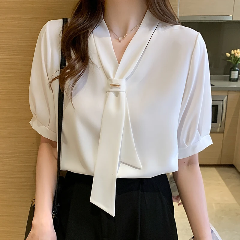Chiffon Shirts for Women 2025 Summer Female Clothing Short Sleeved Blouse Fashion Bow Unique Women‘s Blouses White Shirt Women